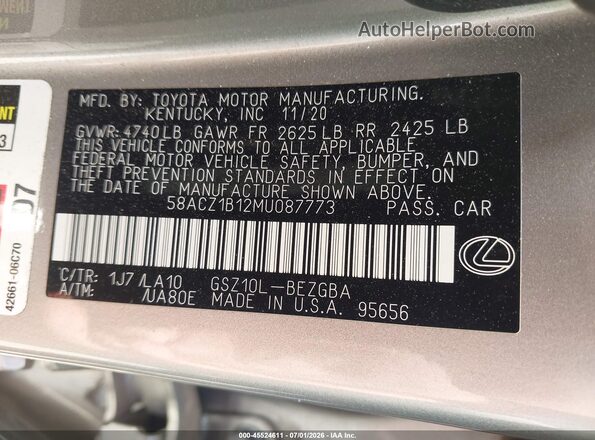 58ACZ1B12MU087773 2021 LEXUS ES 350 Gold Vista del compartimento del motor