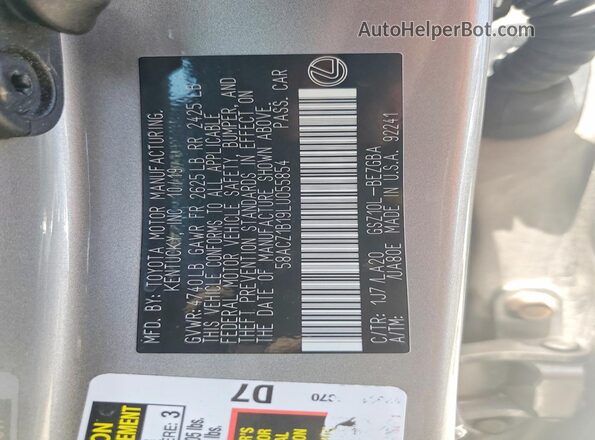 58ACZ1B19LU055854 2020 LEXUS ES Silver Вид наклейки з VIN-кодом