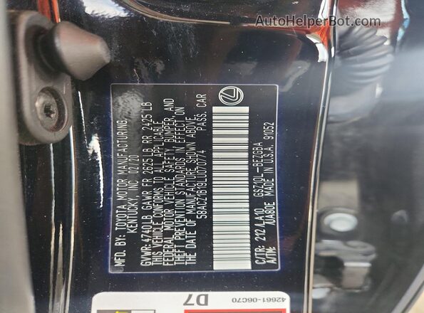 58ACZ1B19LU070774 2020 LEXUS ES Black Вид наклейки з VIN-кодом