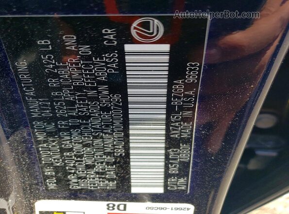 58AD11D10MU007296 2021 LEXUS ES Blue Widok naklejki z numerem VIN
