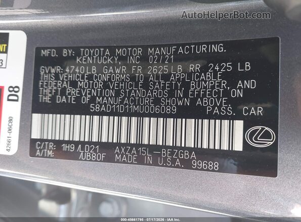58AD11D11MU006089 2021 LEXUS ES 250 Gray Widok komory silnika