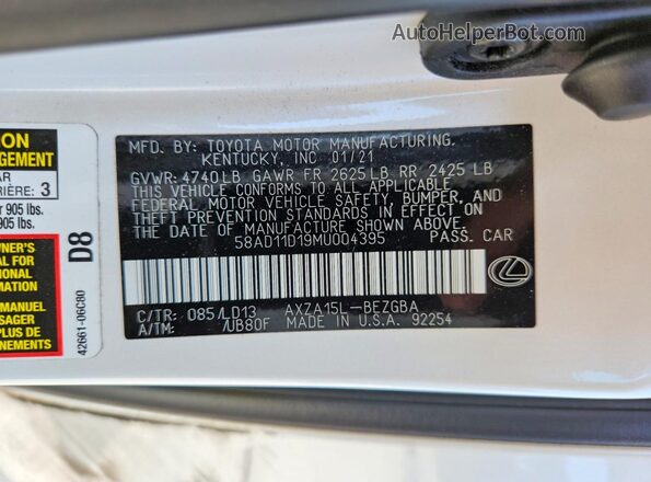 58AD11D19MU004395 2021 LEXUS ES Белый Вид подкапотного пространства
