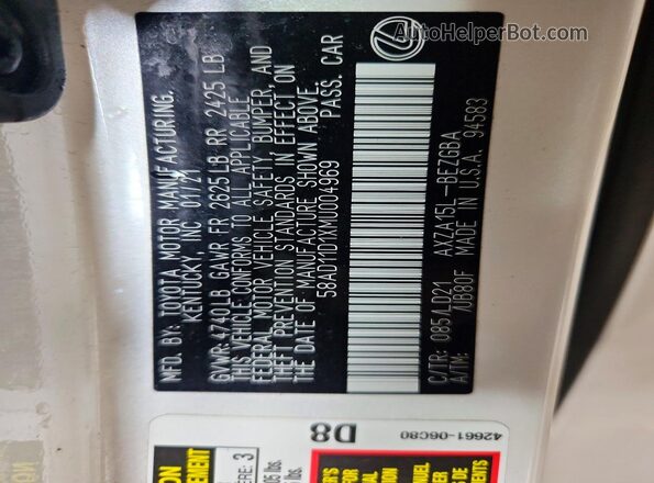 58AD11D1XMU004969 2021 LEXUS ES White Widok komory silnika