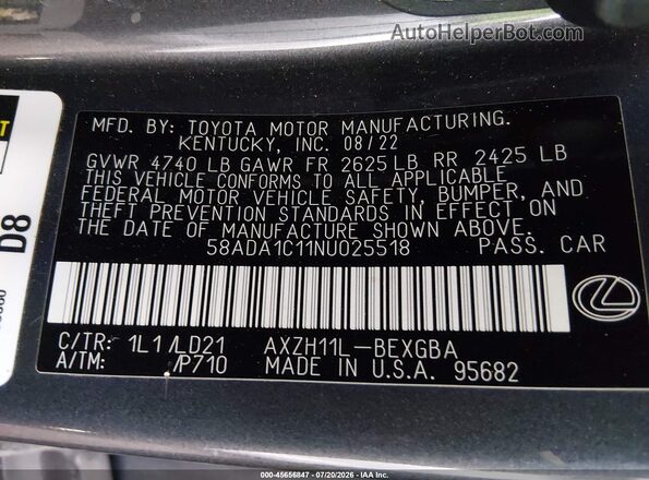 58ADA1C11NU025518 2022 LEXUS ES 300H Gray Շարժիչի բաժամունքի տեսք
