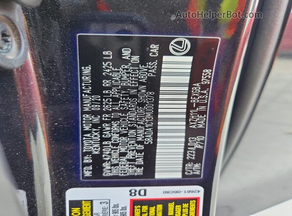 58ADA1C13MU001378 2021 LEXUS ES Black Շարժիչի բաժամունքի տեսք