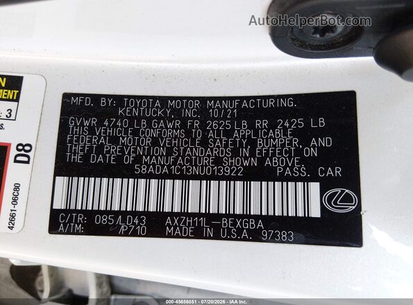 58ADA1C13NU013922 2022 LEXUS ES 300H White Engine compartment view