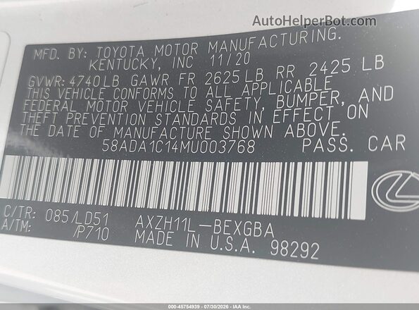 58ADA1C14MU003768 2021 LEXUS ES 300H White Widok komory silnika