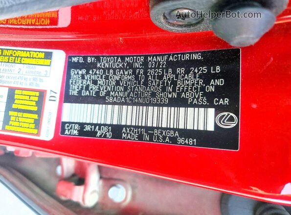 58ADA1C14NU019339 2022 LEXUS ES Burgundy Вид підкапотного простору
