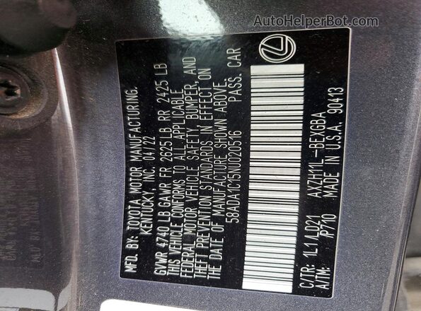 58ADA1C15NU020516 2022 LEXUS ES Gray Вид підкапотного простору