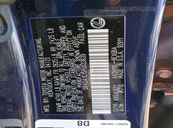 58ADA1C15PU033639 2023 LEXUS ES Blue Вид наклейки з VIN-кодом