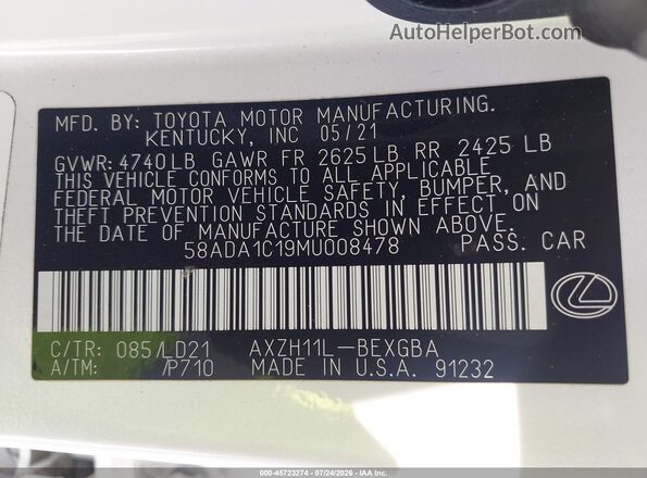 58ADA1C19MU008478 2021 LEXUS ES 300H White Շարժիչի բաժամունքի տեսք