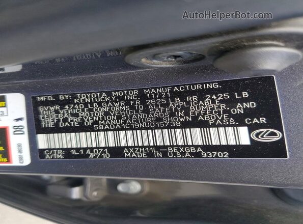 58ADA1C19NU015738 2022 LEXUS ES Серый Вид наклейки с VIN-кодом