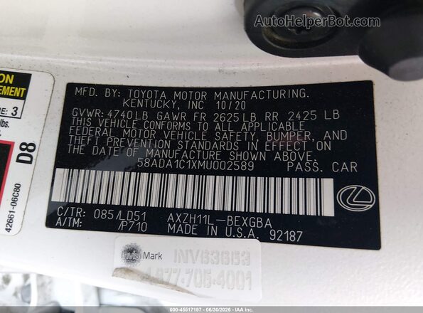 58ADA1C1XMU002589 2021 LEXUS ES 300H White ძრავის განყოფილების ხედი