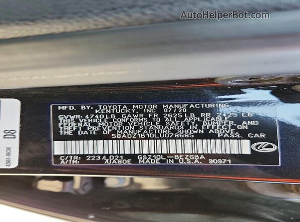 58ADZ1B10LU078685 2020 LEXUS ES Серый Вид наклейки с VIN-кодом