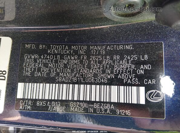 58ADZ1B11LU063046 2020 LEXUS ES 350 Blue Engine compartment view