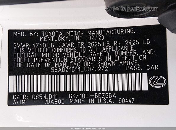 58ADZ1B11LU070272 2020 LEXUS ES 350 Белый Вид подкапотного пространства