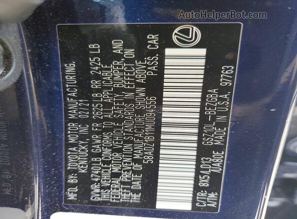 58ADZ1B11MU094556 2021 LEXUS ES Blue Вид підкапотного простору