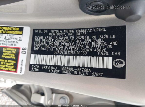 58ADZ1B13NU138350 2022 LEXUS ES 350 Cream Widok komory silnika