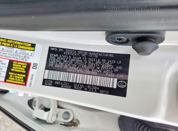 58ADZ1B14LU061999 2020 LEXUS ES White Widok naklejki z numerem VIN