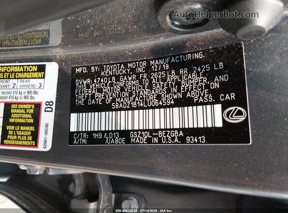 58ADZ1B14LU064594 2020 LEXUS ES 350 Gray Widok komory silnika