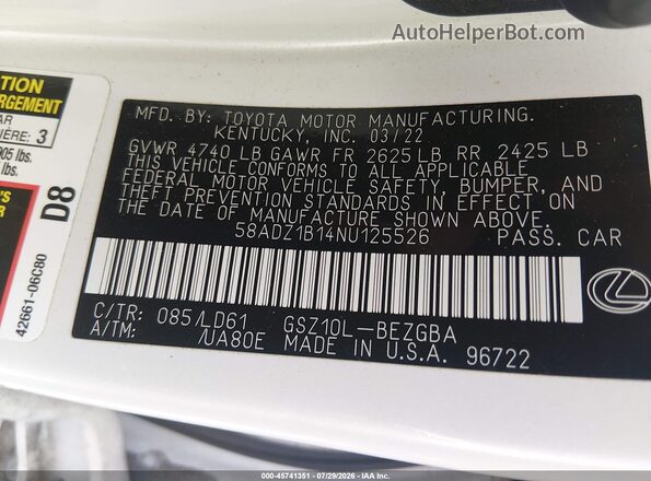 58ADZ1B14NU125526 2022 LEXUS ES 350 White Widok komory silnika