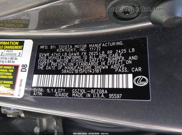 58ADZ1B15PU143181 2023 LEXUS ES 350 Gray ძრავის განყოფილების ხედი