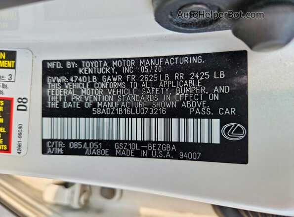 58ADZ1B16LU073216 2020 LEXUS ES White Widok komory silnika