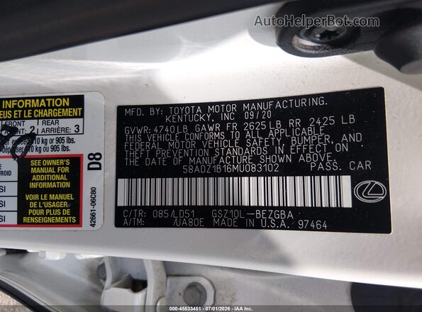 58ADZ1B16MU083102 2021 LEXUS ES 350 White Widok komory silnika