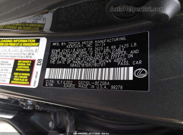 58ADZ1B16RU180761 2024 LEXUS ES 350 Gray Вид підкапотного простору
