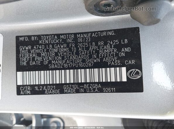 58ADZ1B17PU160287 2023 LEXUS ES 350 Silver Widok komory silnika