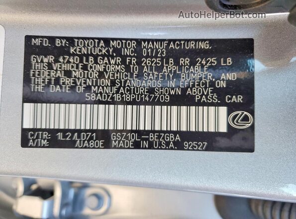 58ADZ1B18PU147709 2023 LEXUS ES Silver Vista de la etiqueta del VIN