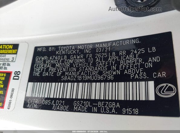58ADZ1B19MU096796 2021 LEXUS ES 350 Белый Вид подкапотного пространства