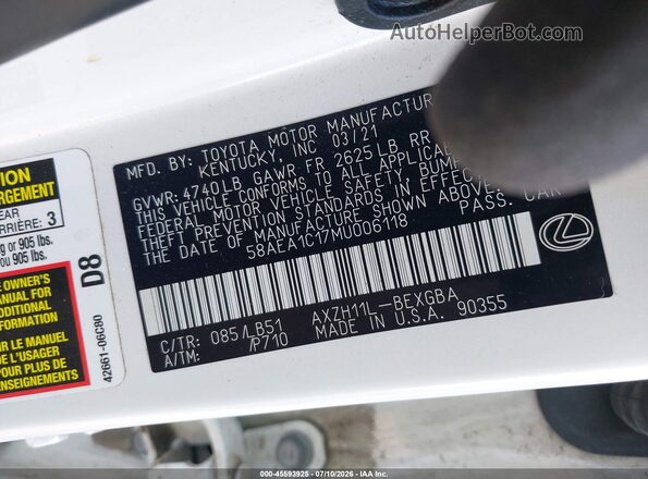 58AEA1C17MU006118 2021 LEXUS ES 300H White Vista del compartimento del motor