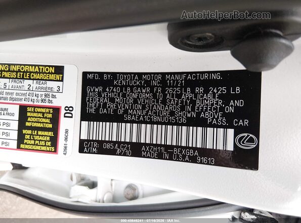 58AEA1C18NU015136 2022 LEXUS ES 300H White Vista del compartimento del motor