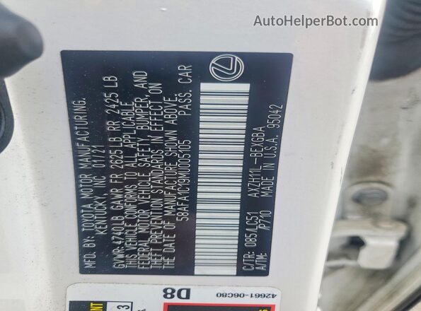58AFA1C19MU005105 2021 LEXUS ES White ძრავის განყოფილების ხედი