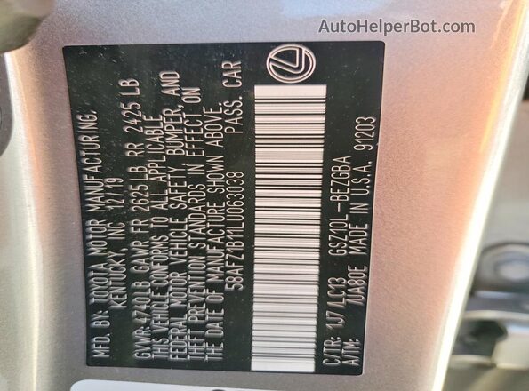58AFZ1B11LU063038 2020 LEXUS ES Beige Вид наклейки з VIN-кодом
