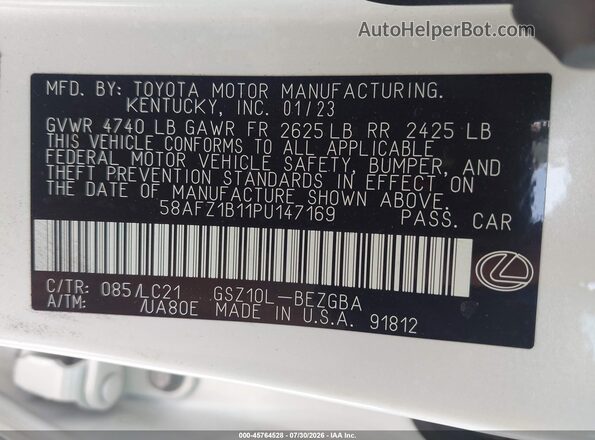 58AFZ1B11PU147169 2023 LEXUS ES 350 White Widok komory silnika