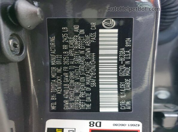 58AFZ1B12NU134444 2022 LEXUS ES Gray Вид наклейки з VIN-кодом
