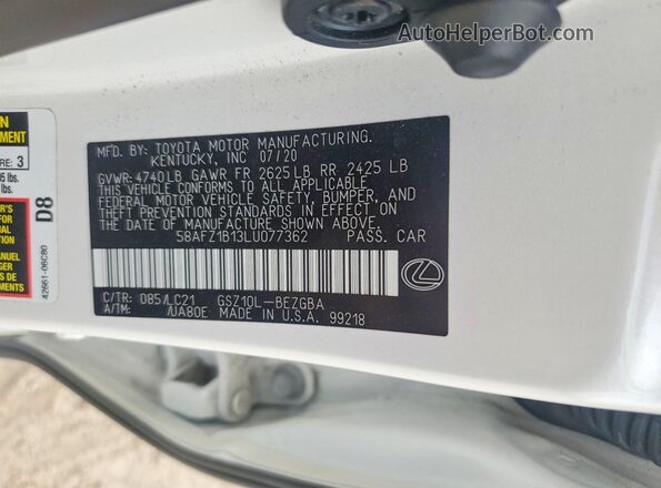 58AFZ1B13LU077362 2020 LEXUS ES White Engine compartment view