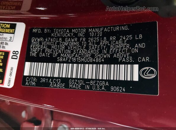 58AFZ1B15MU084864 2021 LEXUS ES 350 Red Widok komory silnika
