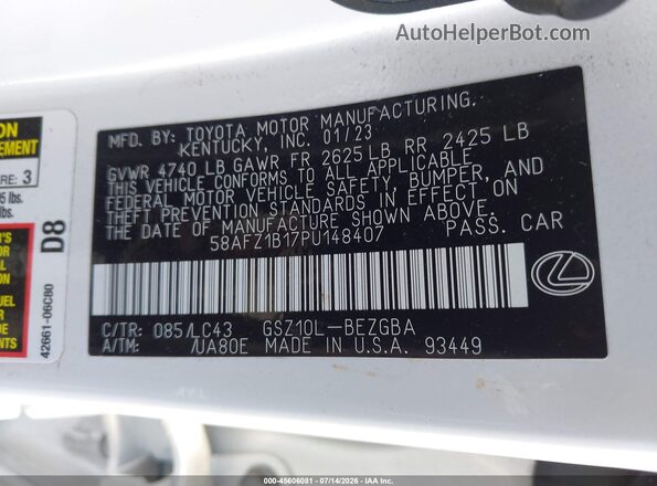 58AFZ1B17PU148407 2023 LEXUS ES 350 White Вид підкапотного простору