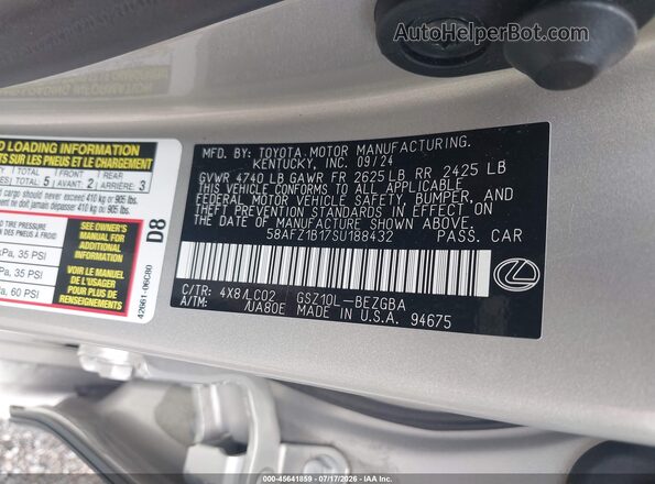 58AFZ1B17SU188432 2025 LEXUS ES 350 Cream Widok komory silnika
