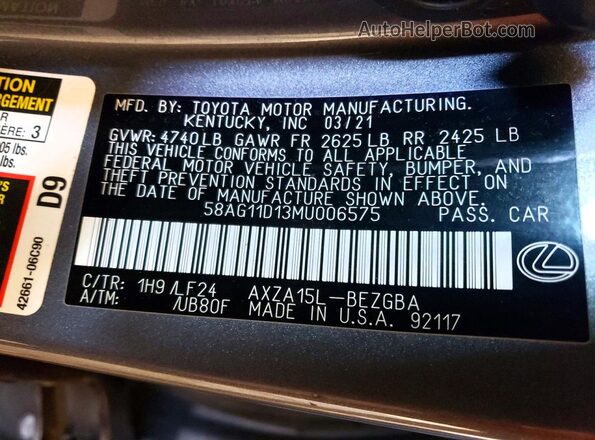 58AG11D13MU006575 2021 LEXUS ES Gray ძრავის განყოფილების ხედი