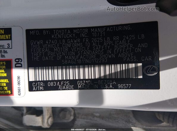 58AGZ1B11NU112293 2022 LEXUS ES 350 White Vista del compartimento del motor
