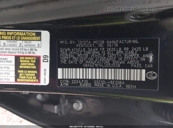 58AGZ1B14LU052538 2020 LEXUS ES 350 Черный Вид подкапотного пространства