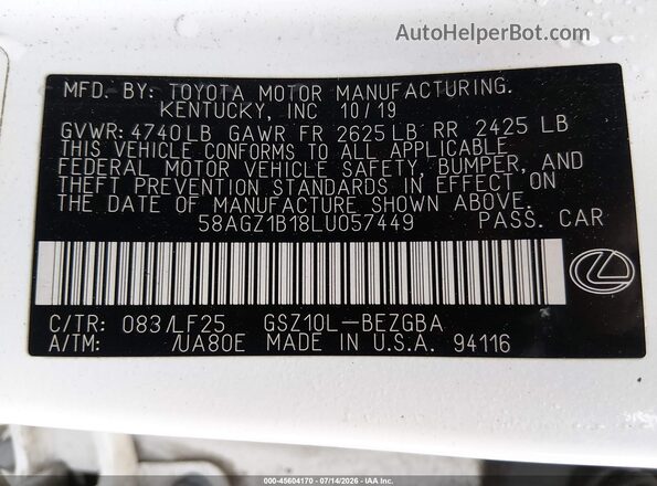 58AGZ1B18LU057449 2020 LEXUS ES 350 White Вид підкапотного простору
