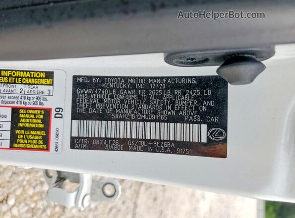 58AHZ1B12MU091165 2021 LEXUS ES White Widok naklejki z numerem VIN