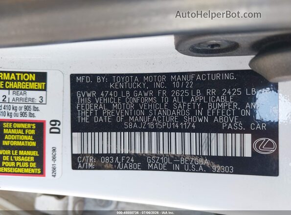 58AJZ1B15PU141174 2023 LEXUS ES 350 Белый Вид подкапотного пространства