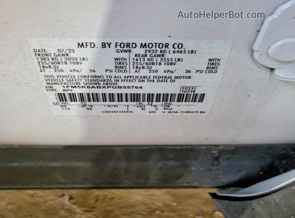 1FM5K8ABXPGB55764 2023 FORD EXPLORER White Vista de la etiqueta del VIN