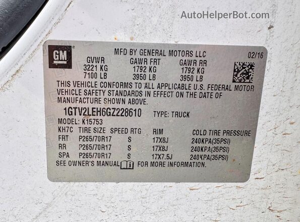 1GTV2LEH6GZ228610 2016 GMC SIERRA White უკანა სალონის ხედი